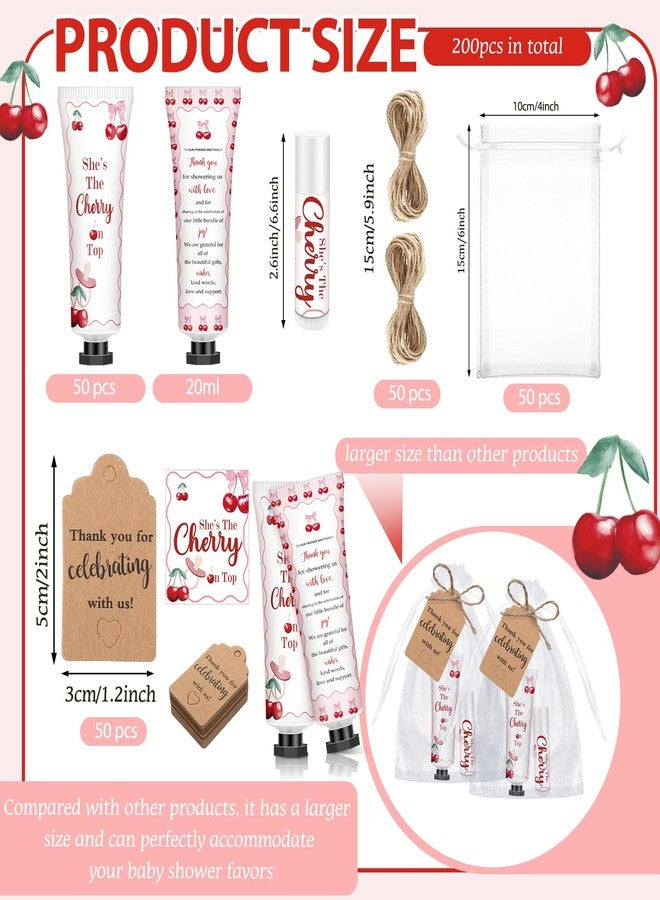 Dimsile 50 Sets 200 Pcs Cherry Baby Shower Gifts Bulk Hand Lotion and Lip Balm Party Favors Theme Baby Shower Travel Size Hand Lotion and Lip Balm with Organza Bags Tags - Image 3